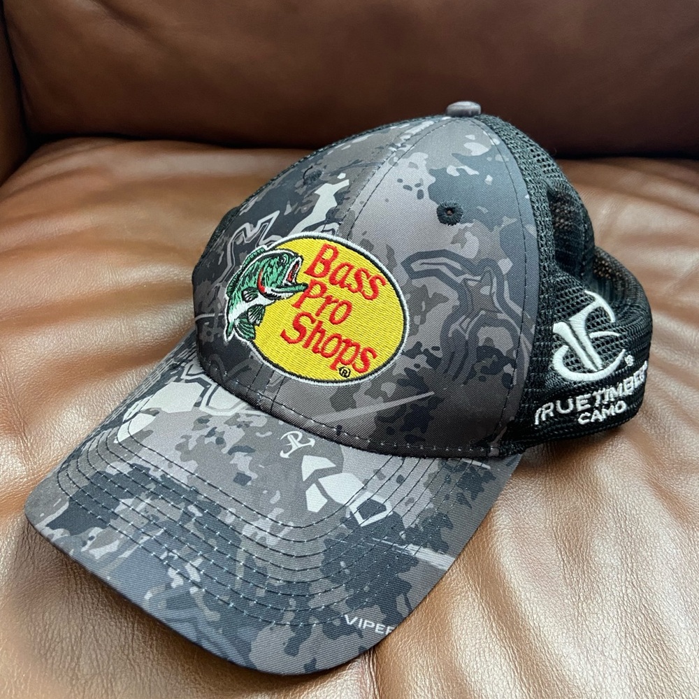Bass Pro Shops Camo Hat with Black and Gray Accents